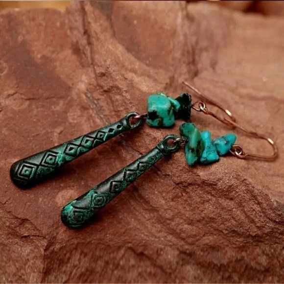 Turquoise Patina Earrings Natural Stone Dangle - Picture 3 of 10